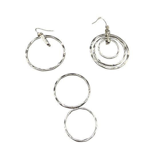 Textured Triple Hoop Dangle Drop Changeable Earrings Silver Tone Minimalist - Picture 2 of 6